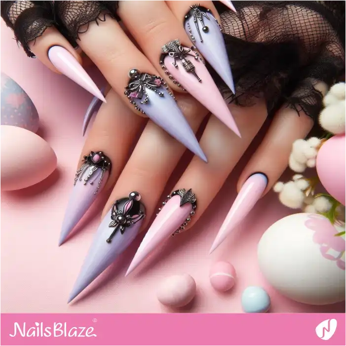 Easter Goth Stiletto Nails with 3D Nail Charms | Easter Nails - NB3674